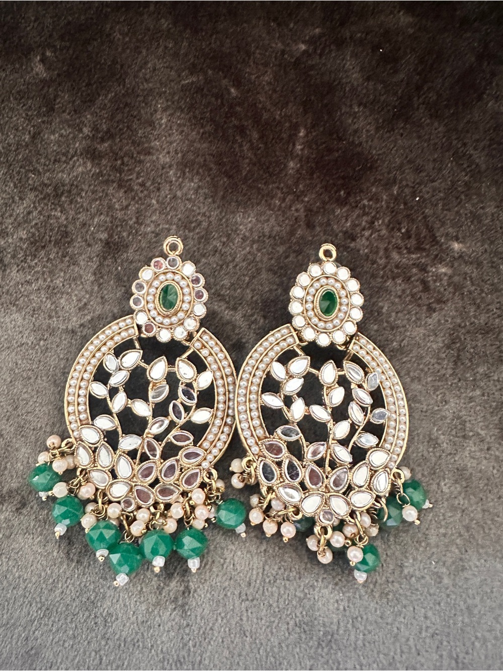 Traditional Gold-Tone Green and White Dangle Earrings